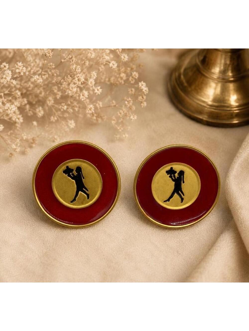 Vintage Karl Lagerfeld Red Enamel Silhouette Clip On Earrings Gold  Rare Signed